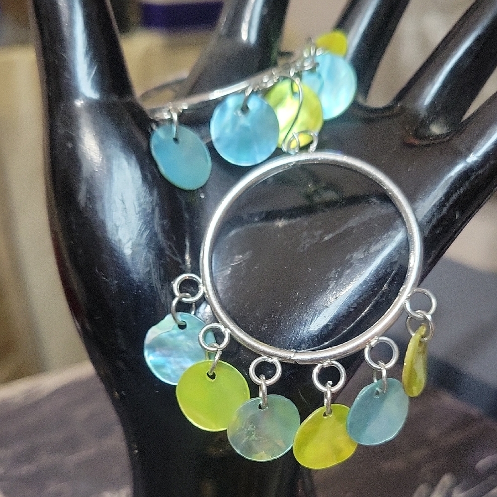 Vintage Blue and Yellow Shell Dangling Hoop  Earrings